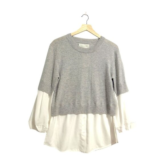 BROCHU WALKER The Ebella Layered Crew Sweater  Size M, Gray/White - Picture 2 of 13